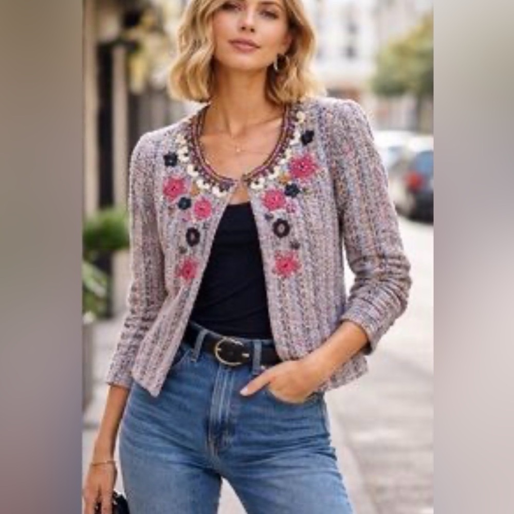 Anthropologie Summer Love Embroidered Tweed Jacket Size M